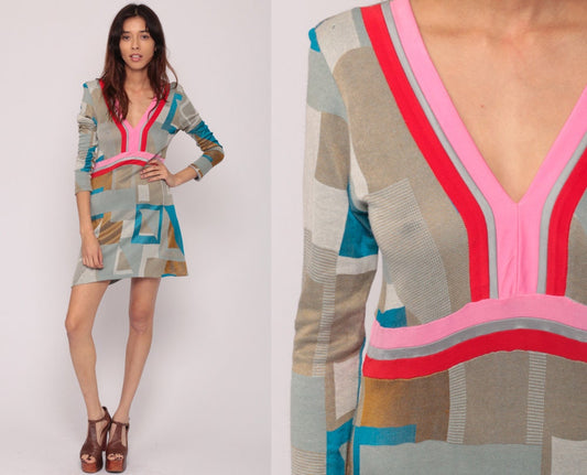 90s Geometric Colour Block Empire Waist Mini Dress Long Sleeve Deep V Grey Small