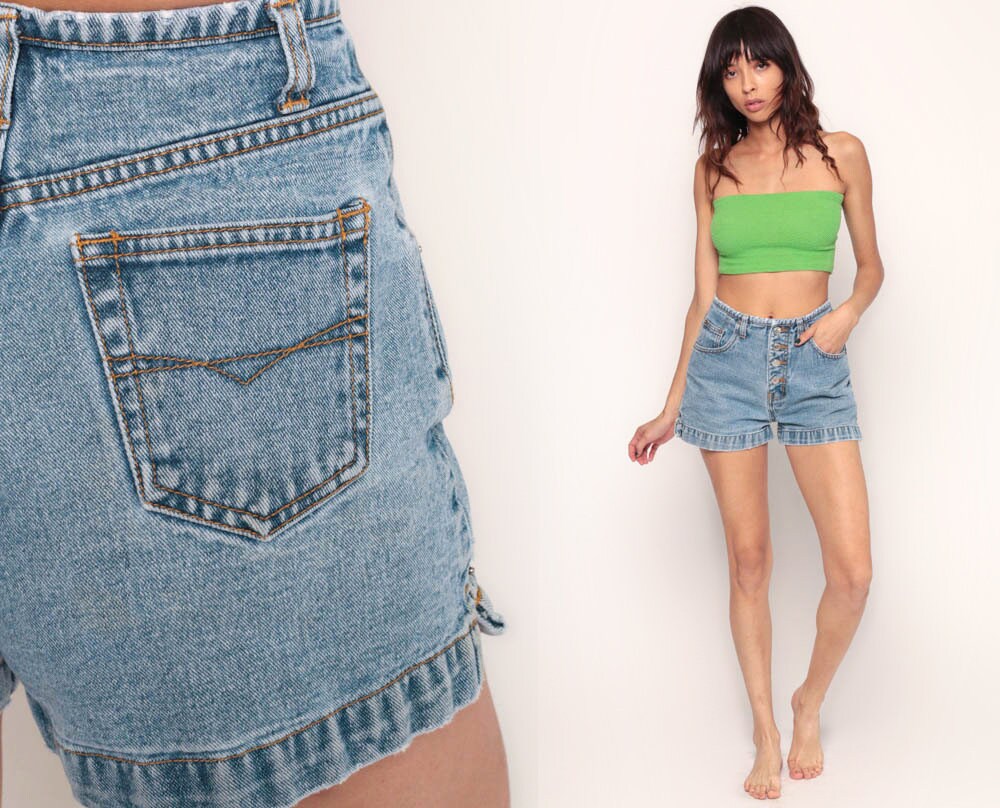 90s Blue Denim High-Waisted Shorts Button Fly Extra Small XS