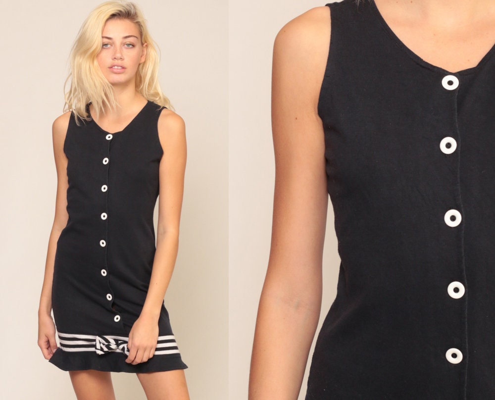 80s Black Mini Dress Button-Up White Striped Bow Sleeveless Sheath Extra Small