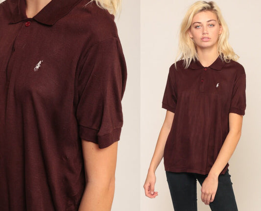 80s Ralph Lauren Polo Shirt Brown Cotton Button-Up Short Sleeve Extra Large XXL