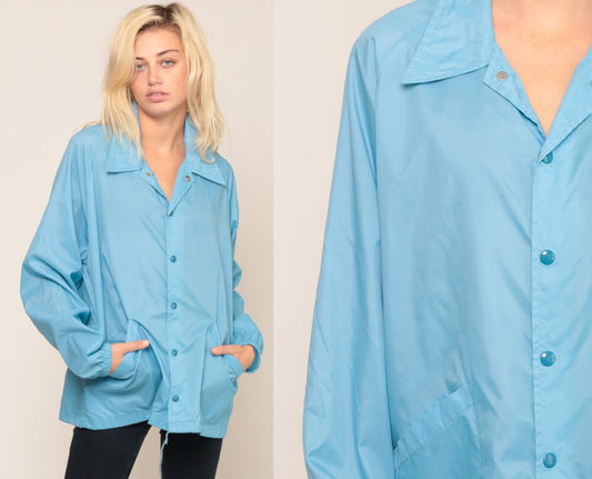 70s Baby Blue Windbreaker Jacket Snap Front Drawstring Unisex Extra Large