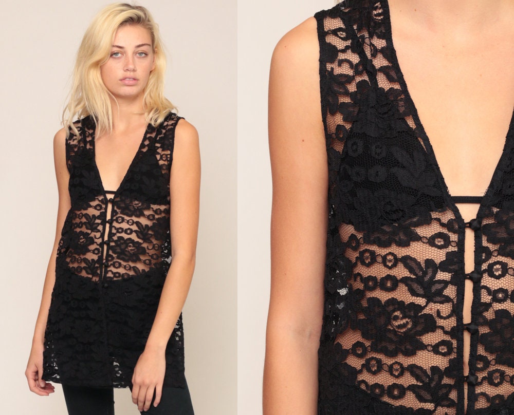 90s Black Lace Button-Up Vest Sheer Sleeveless Top Extra Small XS