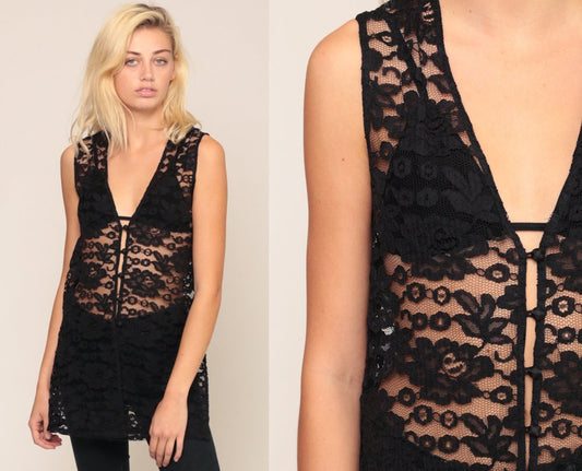 90s Black Lace Button-Up Vest Sheer Sleeveless Top Extra Small XS
