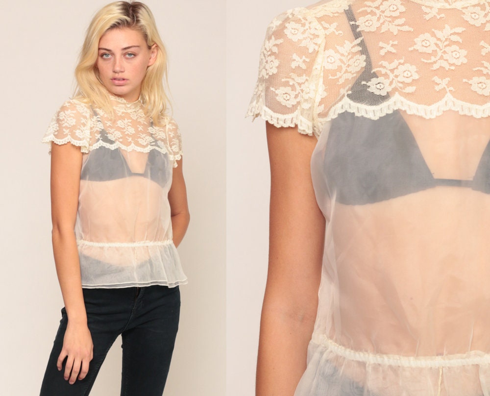 70s White Lace Puff Sleeve Blouse Sheer Scalloped Neck Victorian Small