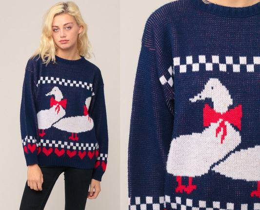 80s Duck Sweater Vintage Animal Knit Pullover Navy Blue Large