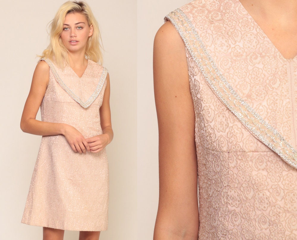1960s Floral Brocade Mini Dress Metallic Trim Sleeveless Shift Small Medium