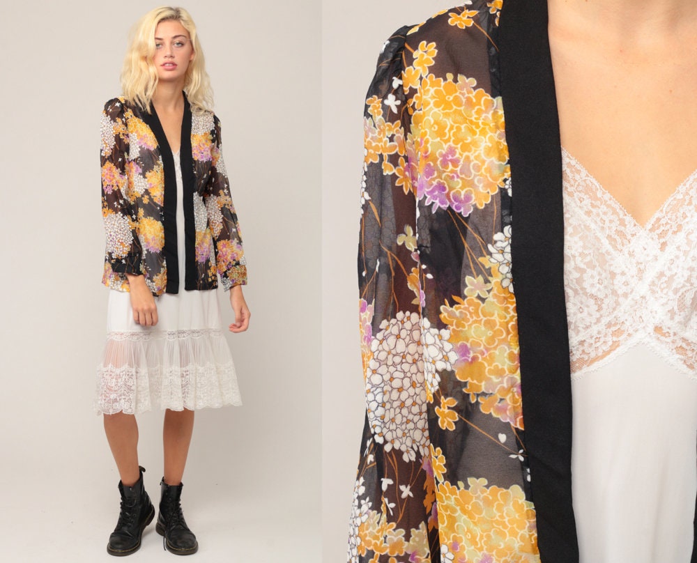 70s Floral Sheer Jacket Black Yellow Purple Open Front Kimono Small Medium Large