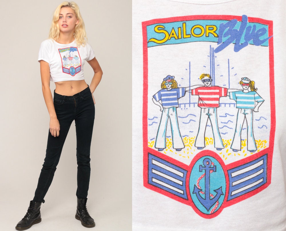 90s Sailor Blue Nautical Graphic Crop Top Cap Sleeve Small
