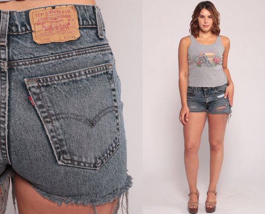 80s Levis 505 Grey Denim Cut-Off Shorts Ripped Frayed High-Waist Medium Large
