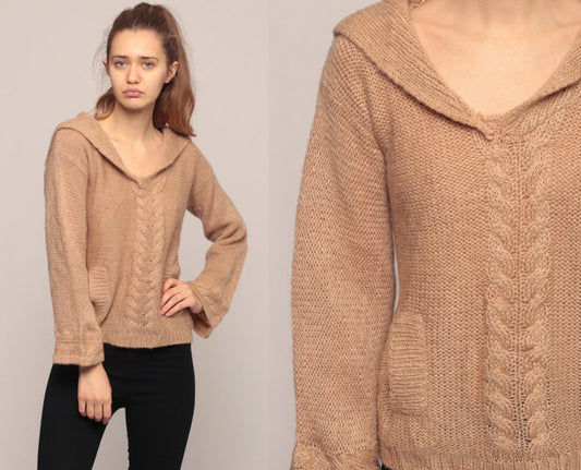 70s Tan Cable Knit Sweater Sailor Collar Semi-Sheer Pullover Medium