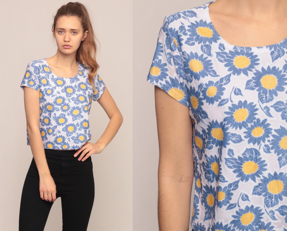 90s Floral T-Shirt Cap Sleeve Blue Yellow Graphic Tee Large