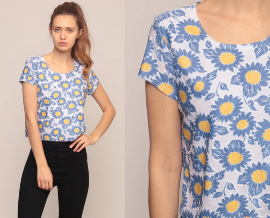 90s Floral T-Shirt Cap Sleeve Blue Yellow Graphic Tee Large