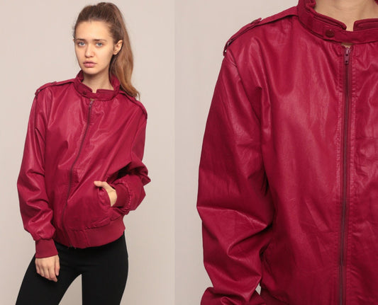 80s Burgundy Bomber Jacket Cafe Racer Windbreaker Unisex Medium Large