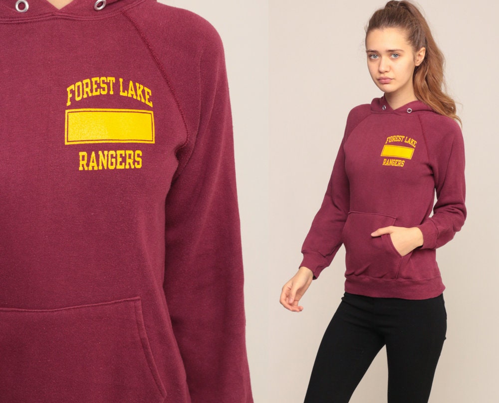 80s Forest Lake Rangers Burgundy Hooded Sweatshirt Graphic School Extra Small
