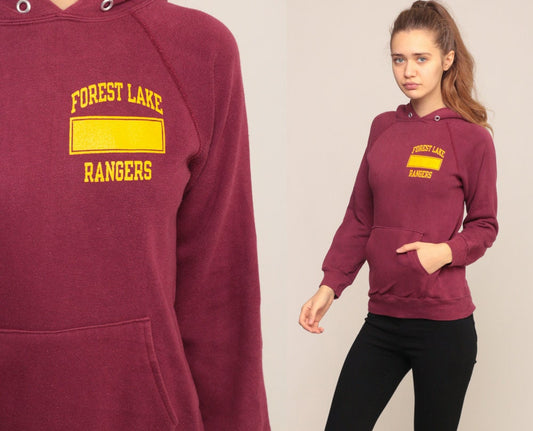 80s Forest Lake Rangers Burgundy Hooded Sweatshirt Graphic School Extra Small