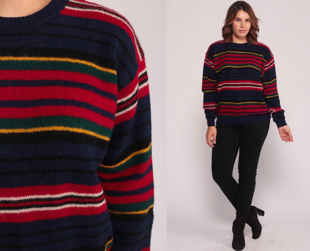 80s Wool Striped Sweater Blue Red Pullover Knit Large