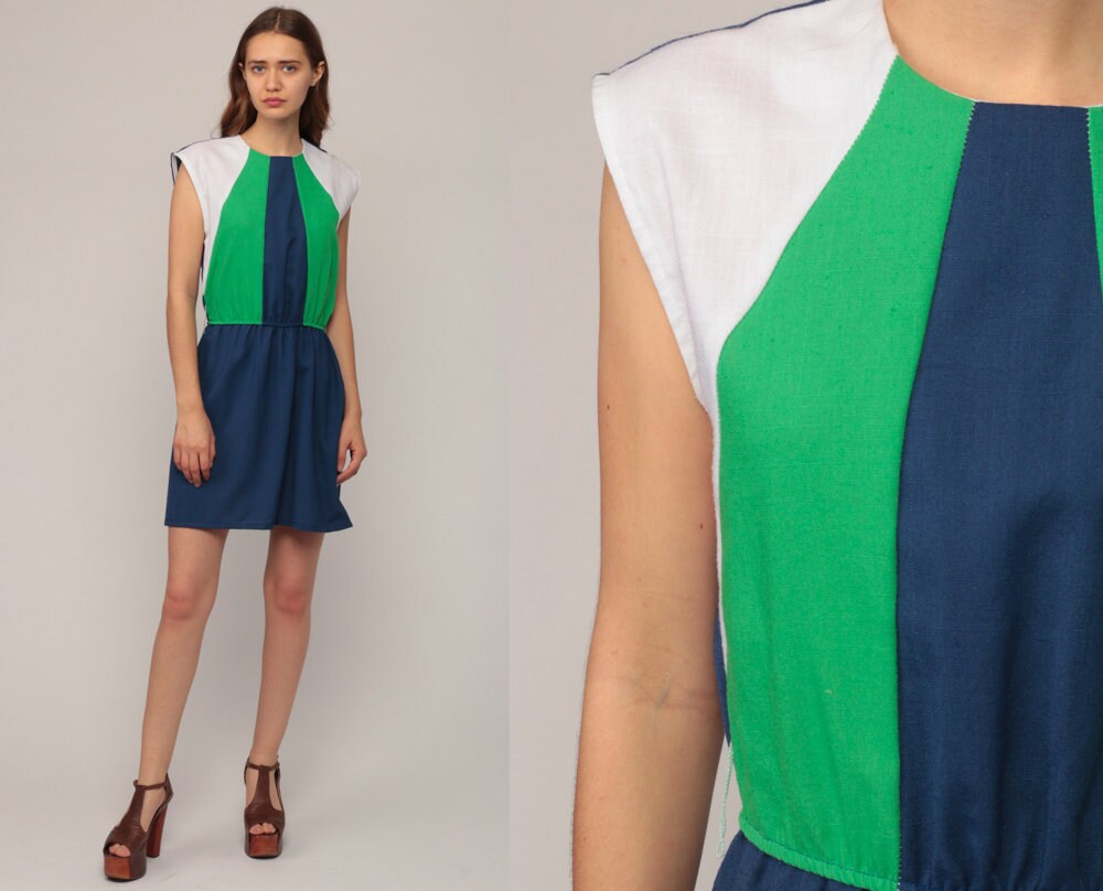 70s Striped Mini Dress Navy Blue Green White Cap Sleeve High Waist Large