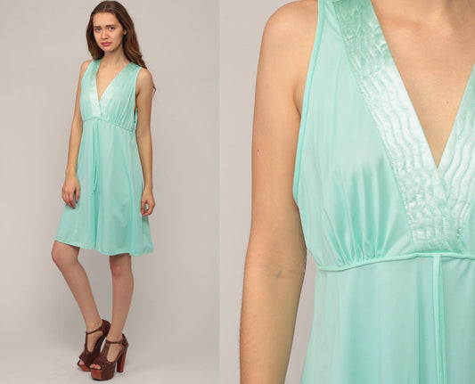 70s Seafoam Green Nylon Nightgown Mini Slip Dress Empire Waist Plunge Large