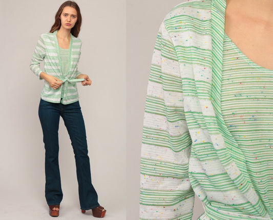 70s Striped Blouse with Attached Cardigan Green White Metallic Medium