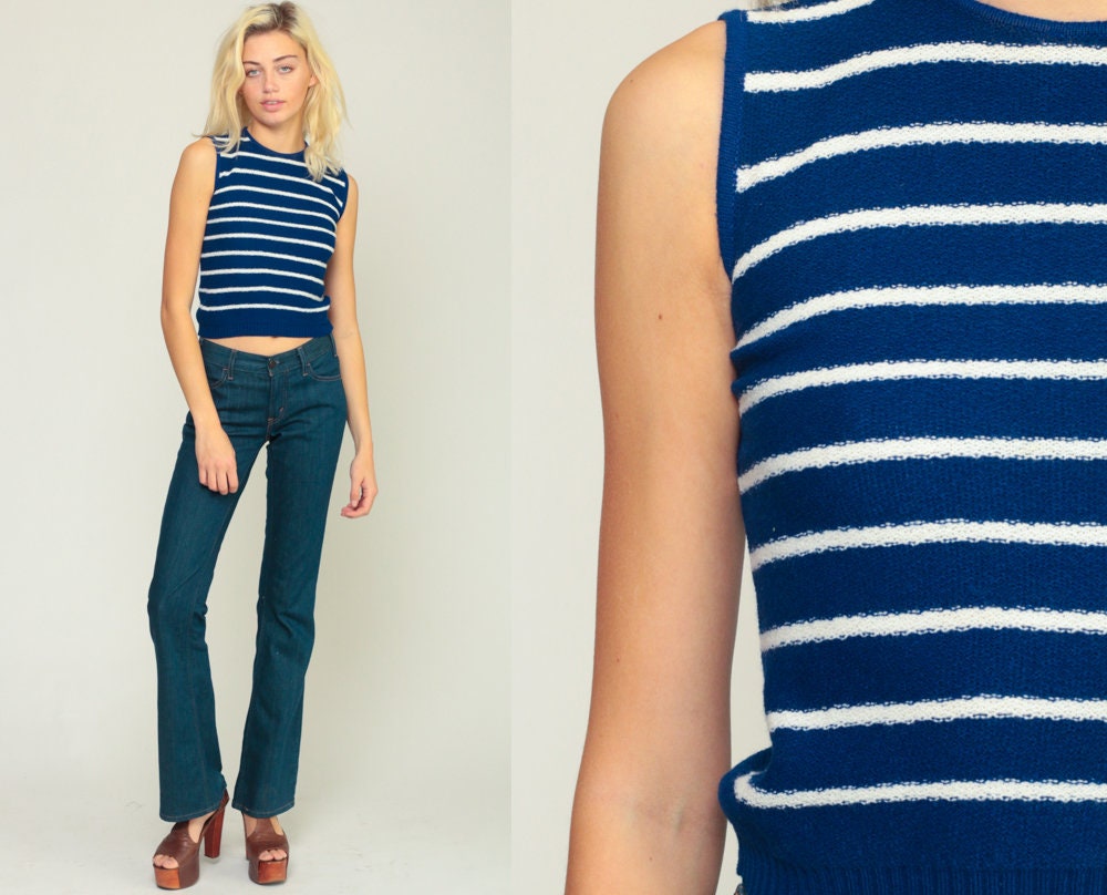 70s Dark Blue Striped Knit Tank Top Keyhole Neck Small