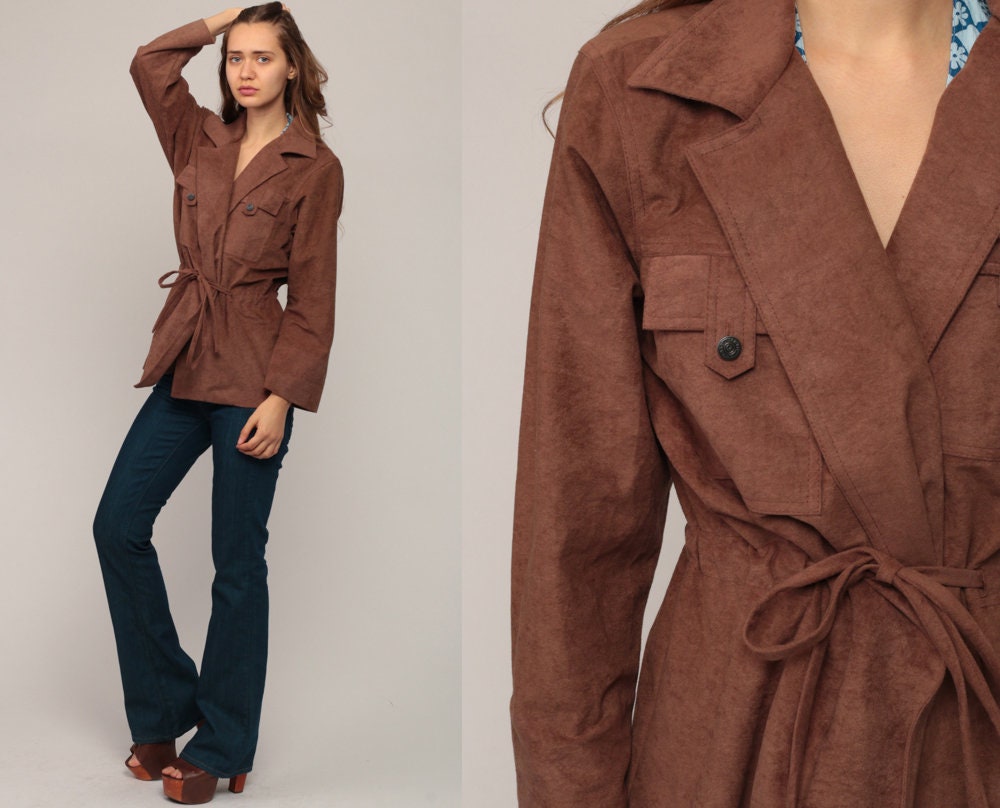 70s Brown Fuzzy Polyester Wrap Jacket Belted Crewneck Large
