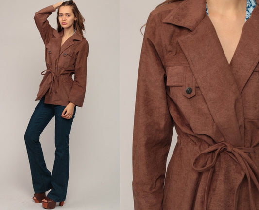 70s Brown Fuzzy Polyester Wrap Jacket Belted Crewneck Large