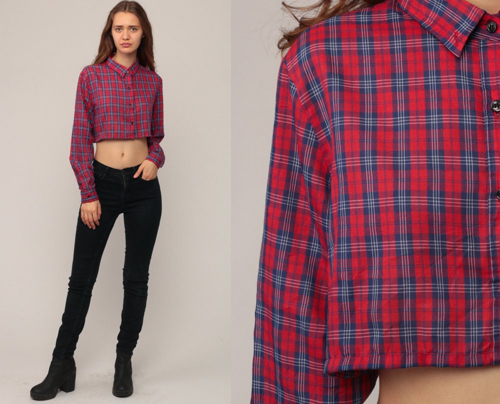 80s Plaid Crop Top Button-Up Blouse Red Blue Long Sleeve Small Medium