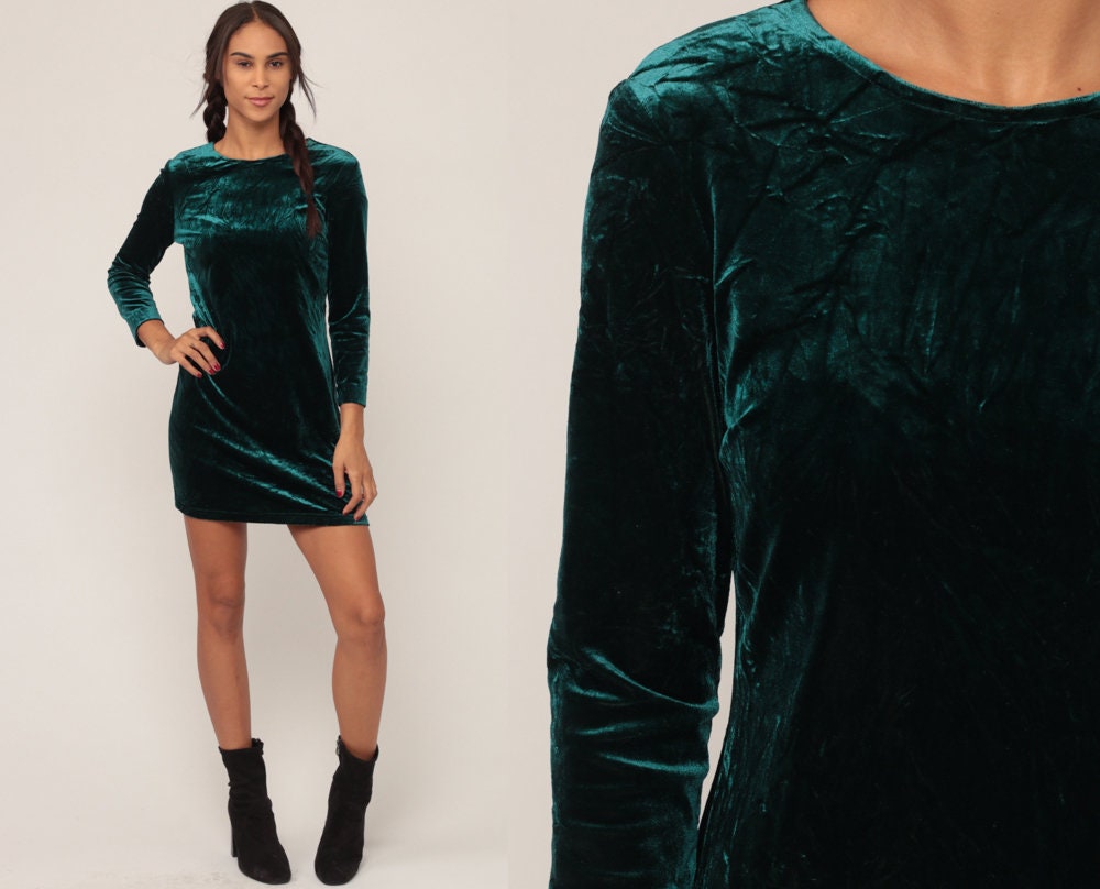 90s Green Velvet Mini Dress Long Sleeve Shift Stretch Medium