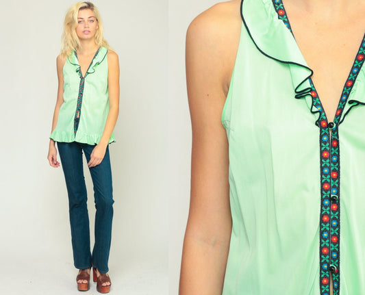 70s Neon Green Ruffle Tank Top Silky Nylon Lingerie Shirt Small