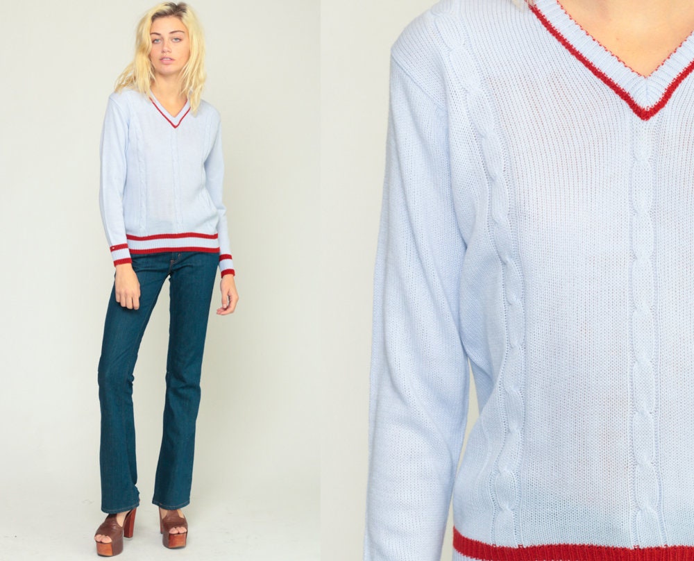 70s Cable Knit V-Neck Sweater Blue Pullover Small