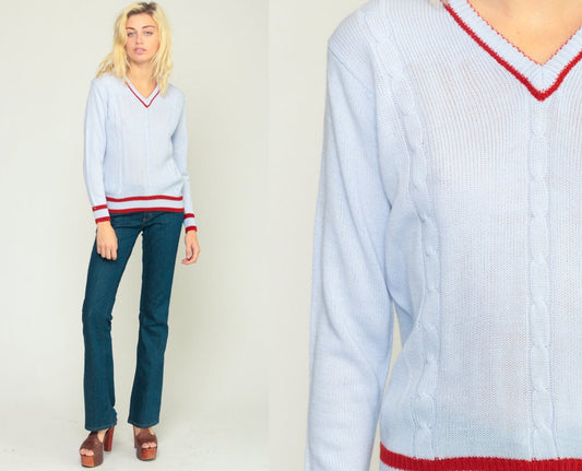 70s Cable Knit V-Neck Sweater Blue Pullover Small