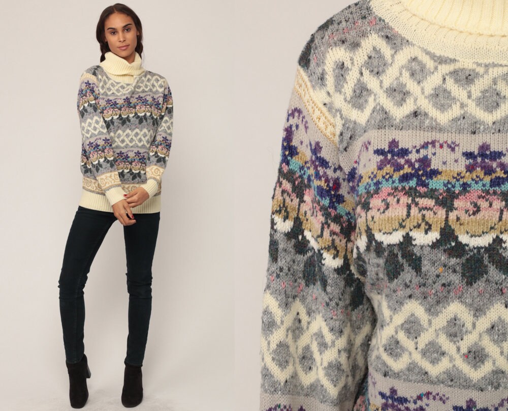 80s Grey Floral Turtleneck Wool Blend Knit Sweater Small Medium