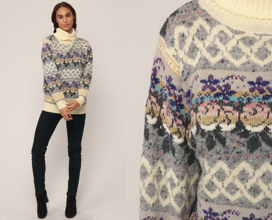 80s Grey Floral Turtleneck Wool Blend Knit Sweater Small Medium