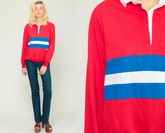 80s Polo Striped Sweatshirt Red White Blue Button Chest Extra Large