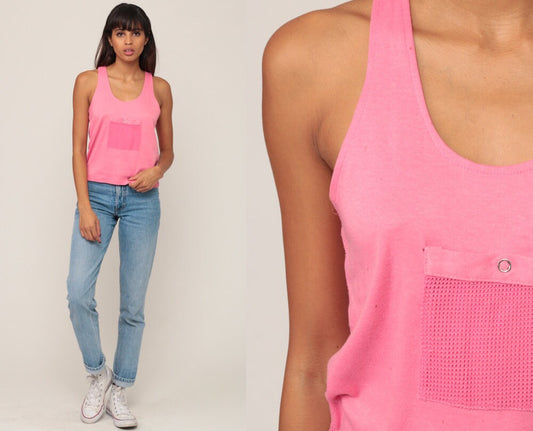 80s Pink Mesh Racerback Tank Top Sheer Sleeveless Medium
