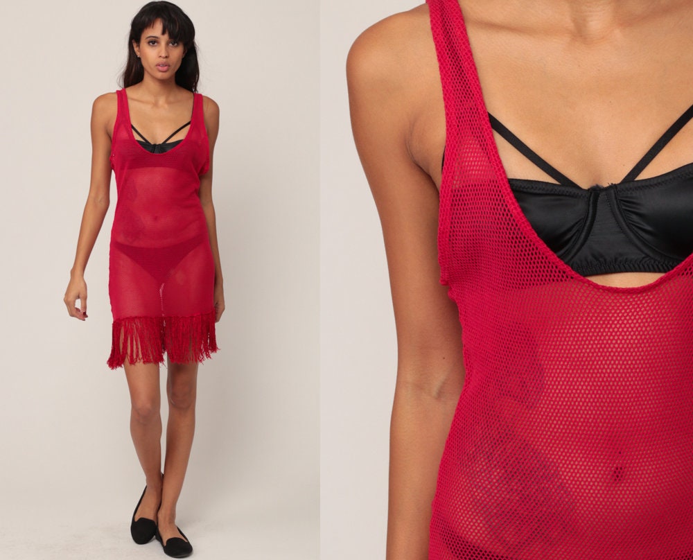 90s Red Mesh Fringe Mini Dress Sheer Low Cut Neckline Medium Large