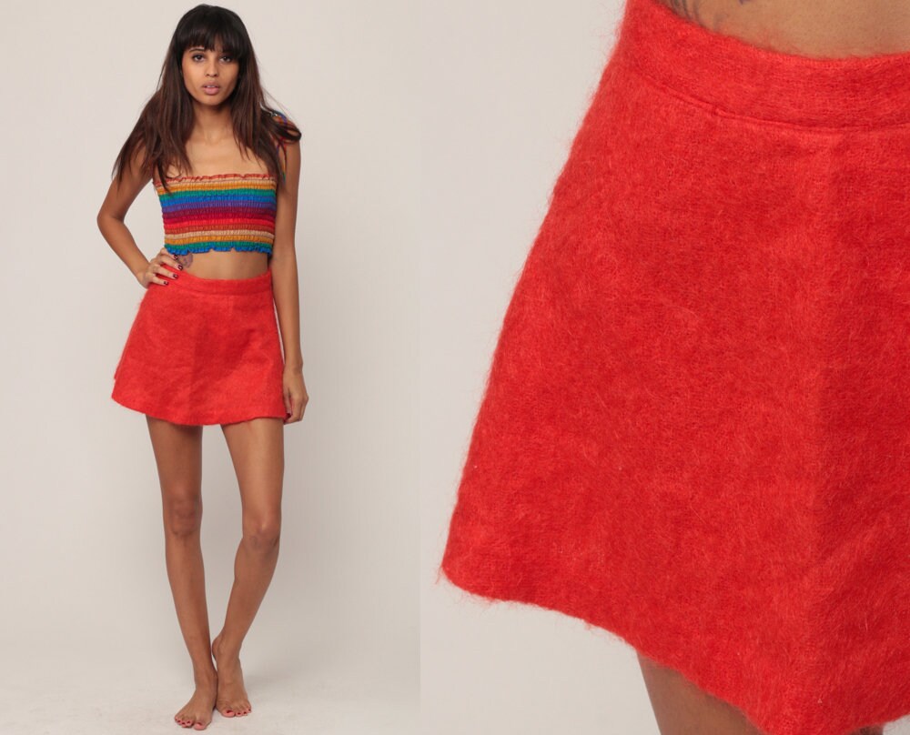70s Mohair A-Line Mini Skirt High Waisted Orange Extra Small