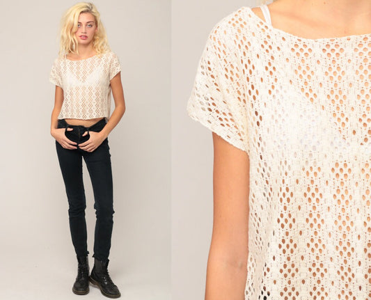 90s Sheer Lace Crop Top Off-White Cutout Cap Sleeve Medium Large