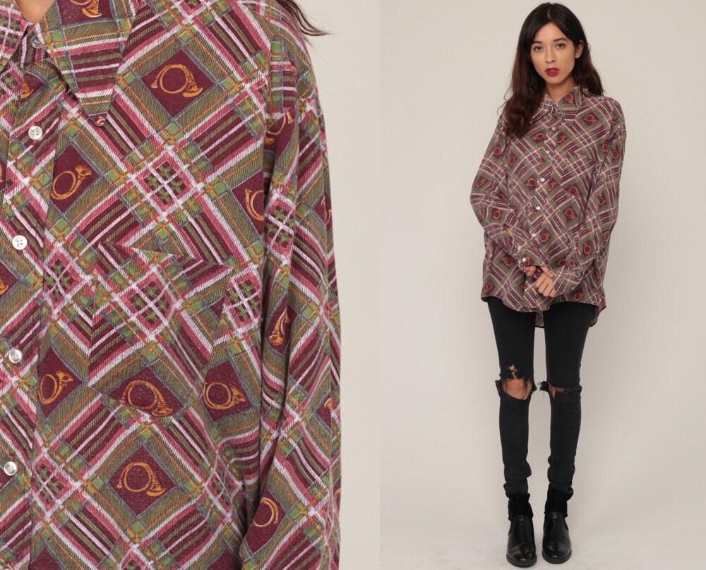 70s Horn Instrument Plaid Button-Up Shirt Long Sleeve Extra Large