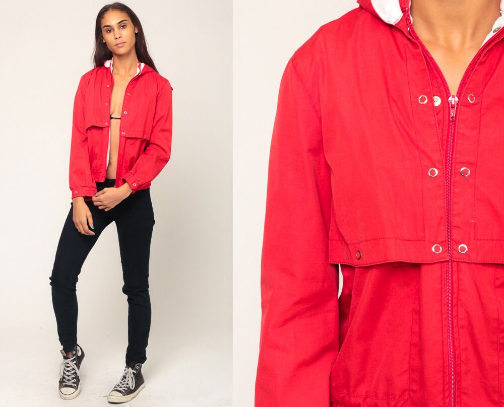80s Red Hooded Jacket Convertible Vest Windbreaker Cropped Small