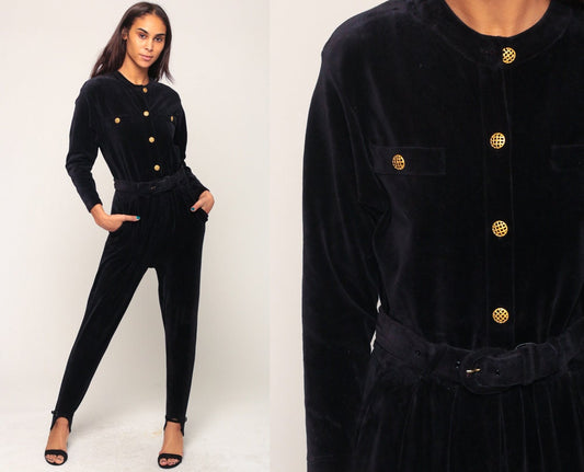 80s Black Velour Jumpsuit Stirrup Tapered Belted Button-Up Small