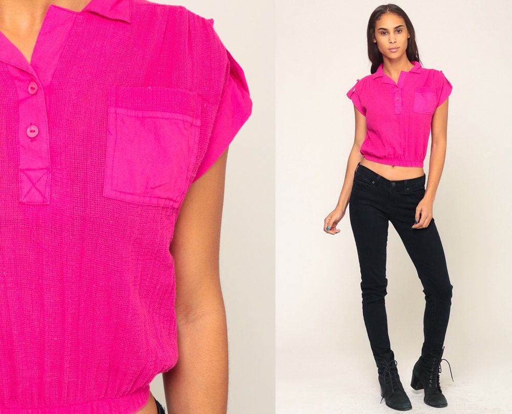 80s Hot Pink Mesh Crop Top Cap Sleeve Sheer Shirt Small Medium