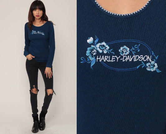 90s Harley Davidson Thermal Waffle Knit Long Sleeve Embroidered Blue Small