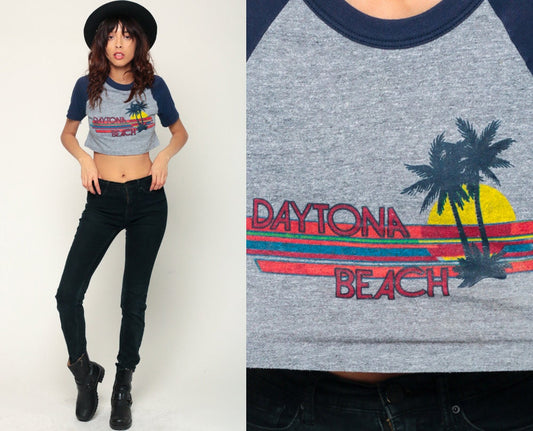 90s Daytona Beach Ringer Tee Crop Top Raglan Sleeve Grey Small
