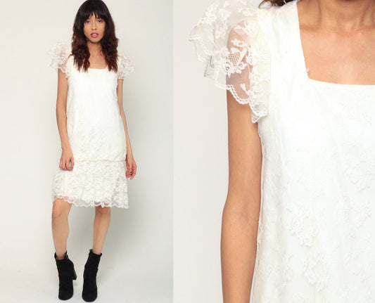 80s White Lace Mini Dress Puff Sleeve Drop Waist Party Gown Extra Small