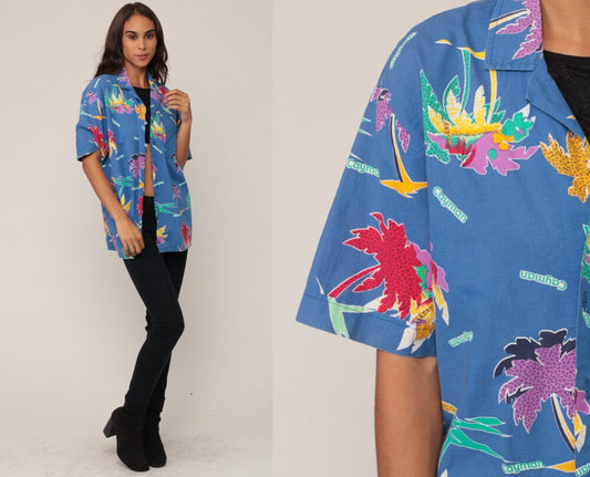 80s Cayman Islands Tropical Palm Tree Button-Up Shirt Blue Unisex Large