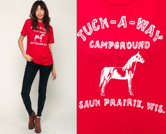80s Tuck-A-Way Campground Horse Graphic T-Shirt Red Medium