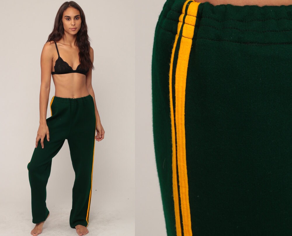 80s Green Sweatpants Yellow Stripe Track Pants Unisex Extra Large XL