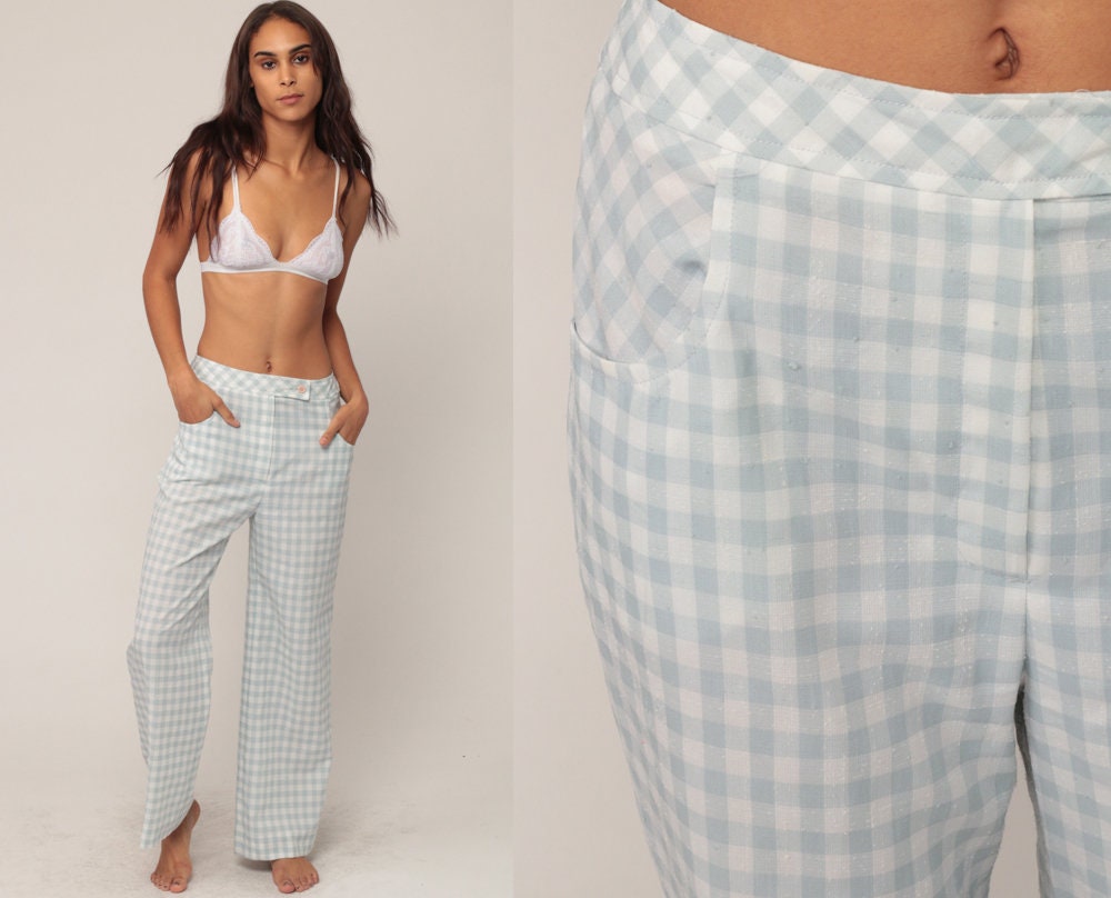 70s Green White Gingham Wide Leg Trousers High Waist Plaid Small