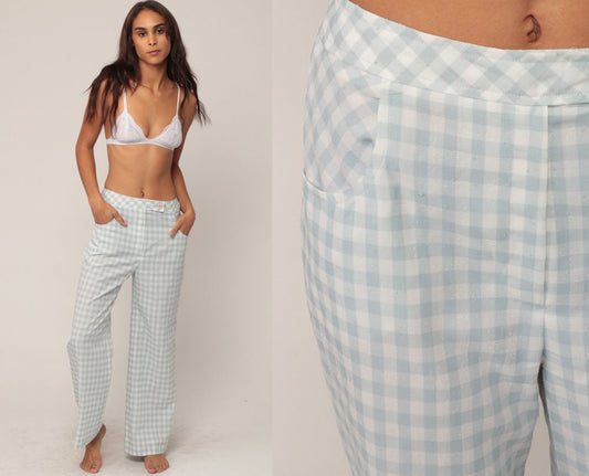 70s Green White Gingham Wide Leg Trousers High Waist Plaid Small